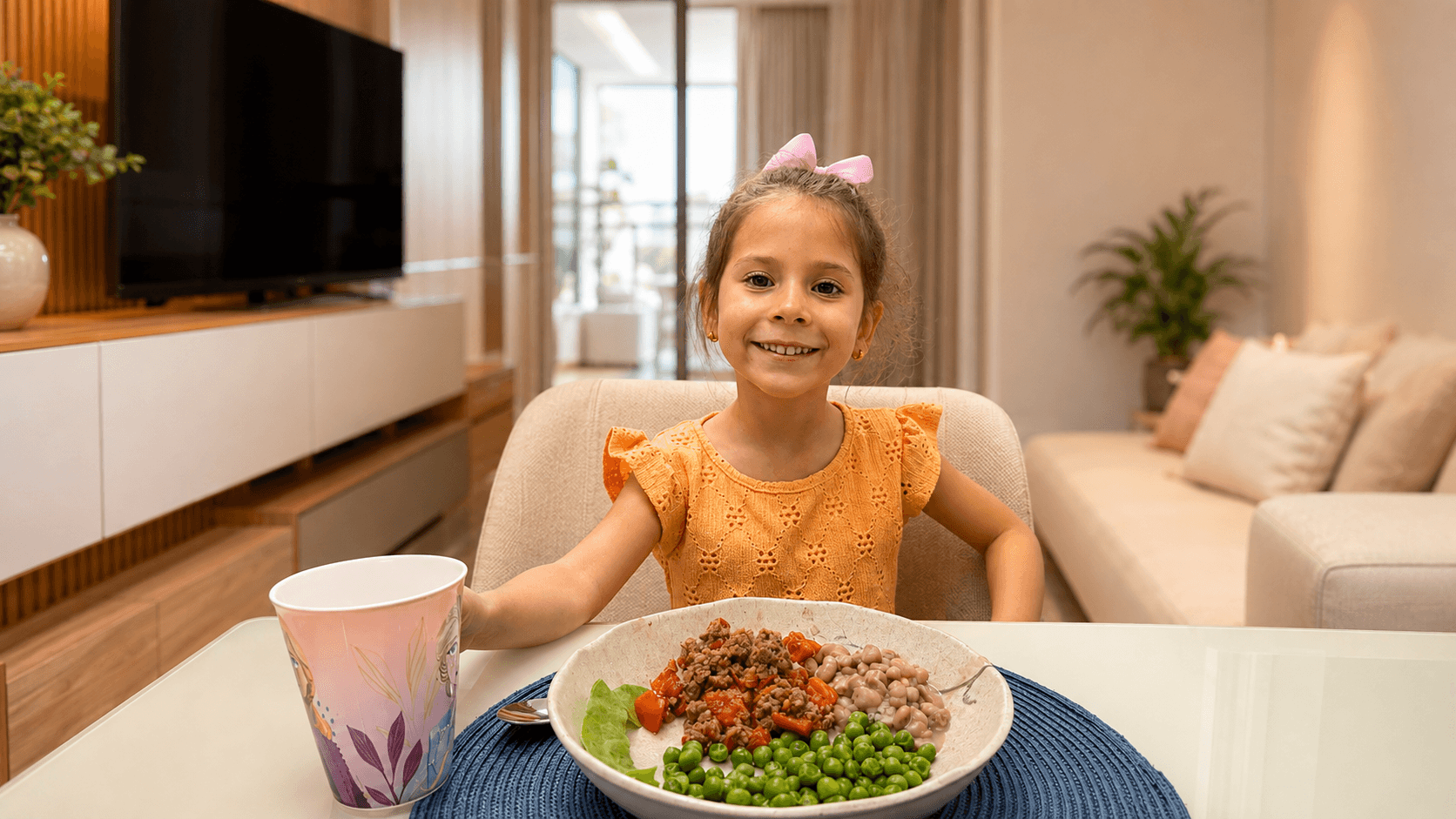 Criança sorrindo à mesa, diante de um prato colorido de comida