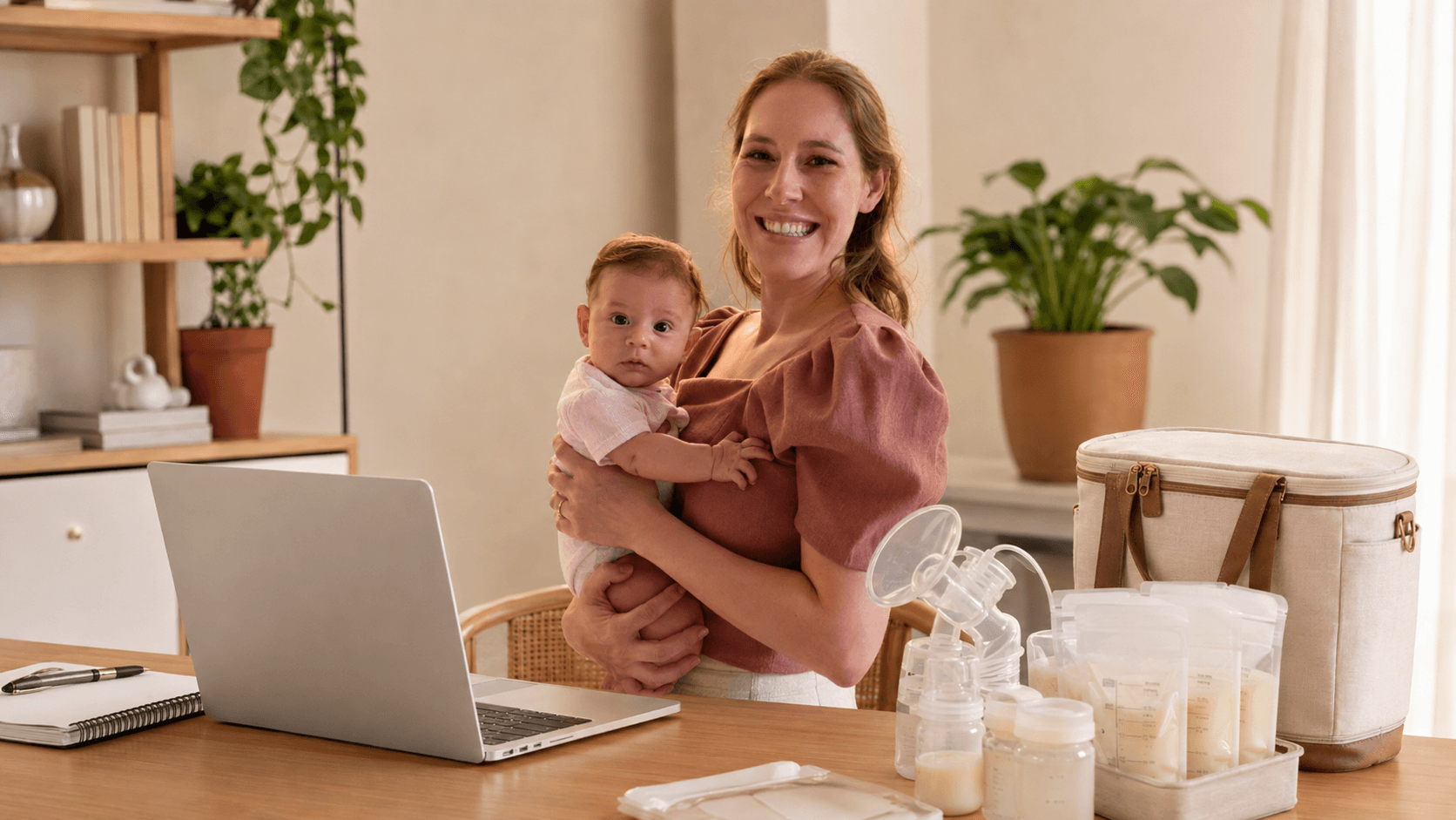 Mãe com o bebê no colo, ao lado do computador e do material de armazenamento de leite