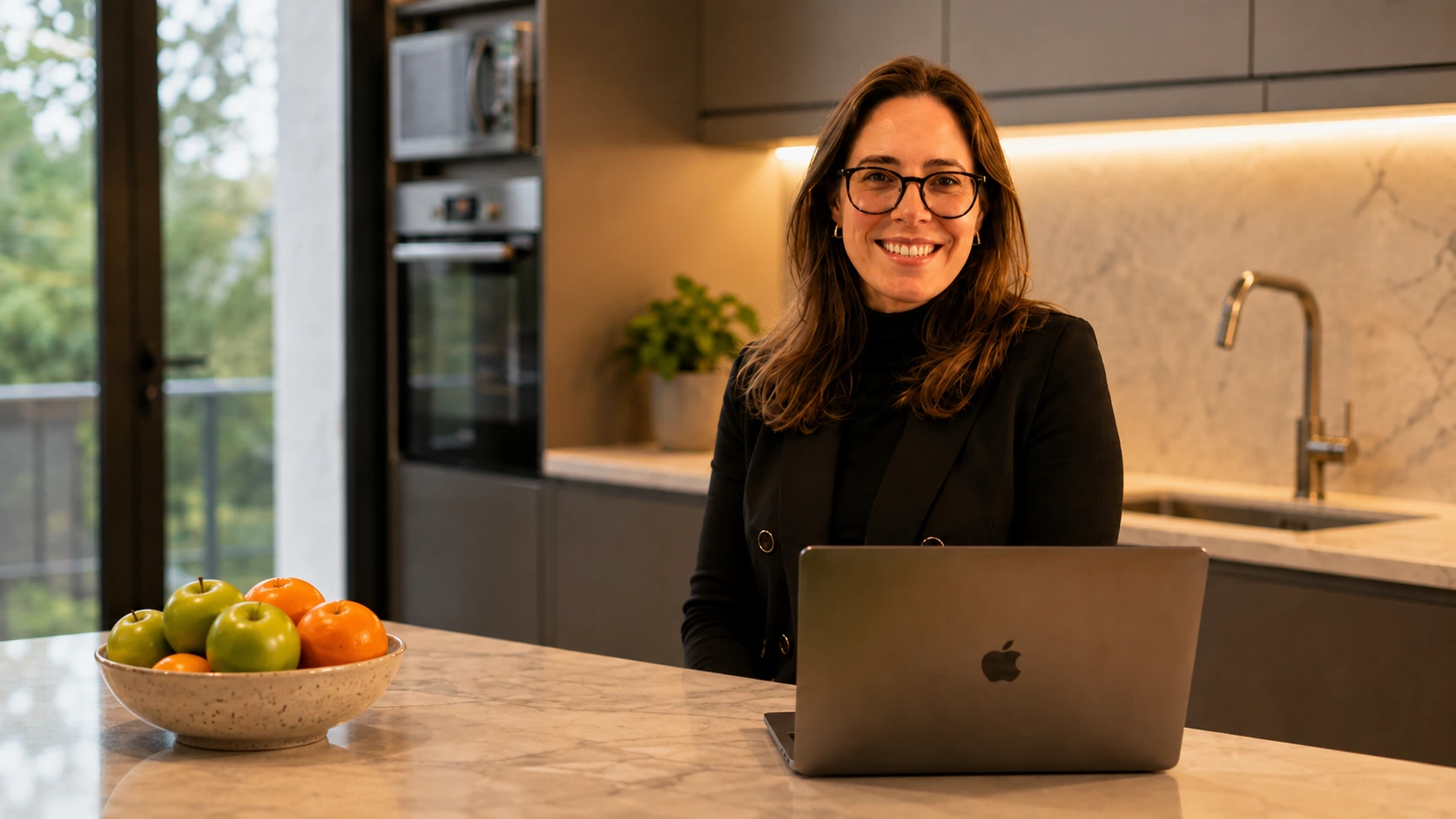 Nathalia Coelho sorrindo na bancada de uma cozinha, com o notebook aberto à sua frente e uma fruteira ao lado